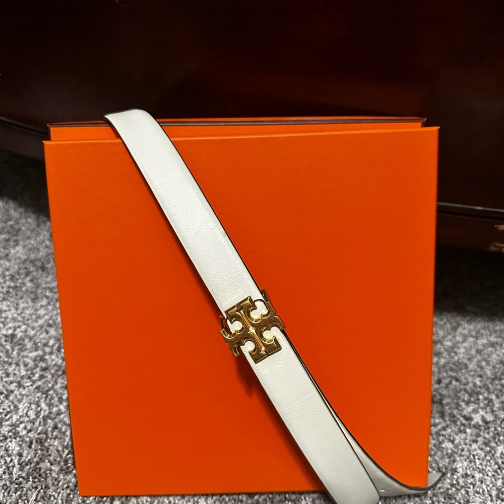 Tory Burch Cream Colored Belt with Gold Logo Buckle